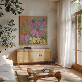 Summer Flowers I by Kathrine Lovell. Shown in a natural wood frame in a cozy modern living room. Available as an archival giclee rolled canvas, fine art paper, or poster print. SKU 43447a.