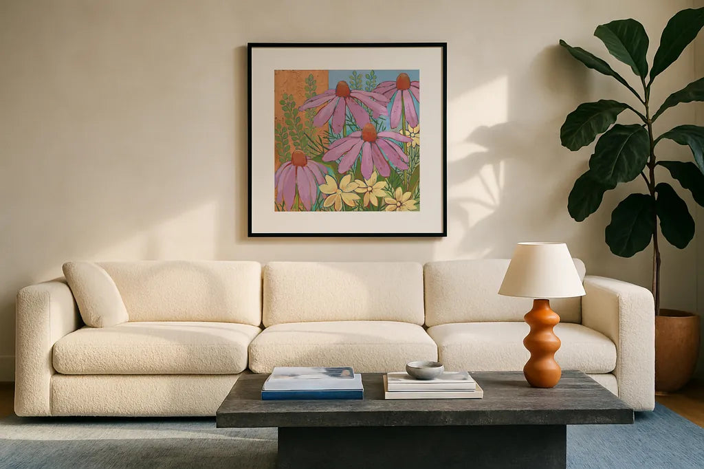 Summer Flowers I by Kathrine Lovell. Displayed in a glass frame with matte in a clean modern living room. Available as an archival giclee rolled canvas, fine art paper, or poster print. SKU 43447a.