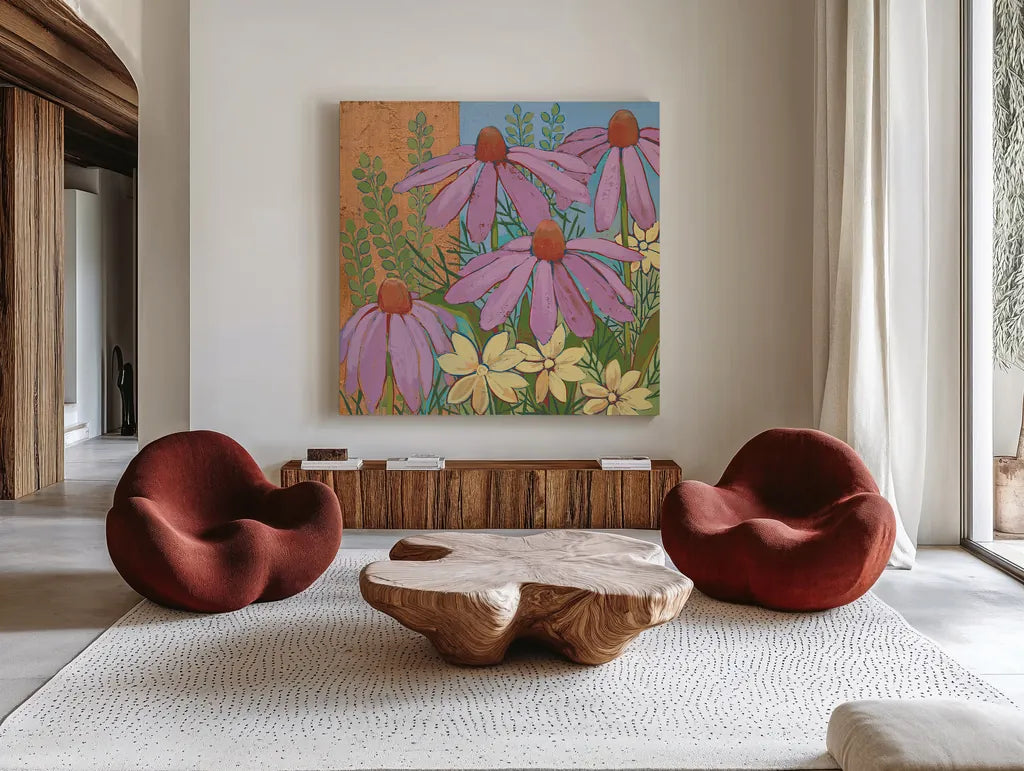 Summer Flowers I by Kathrine Lovell. Shown as extra-large giant wall art in a modern living room. Available as an archival giclee rolled canvas, fine art paper, or poster print. SKU 43447a.