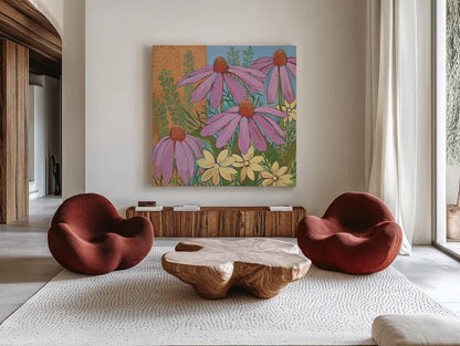 Summer Flowers I by Kathrine Lovell. Shown as extra-large giant wall art in a modern living room. Available as an archival giclee rolled canvas, fine art paper, or poster print. SKU 43447a.
