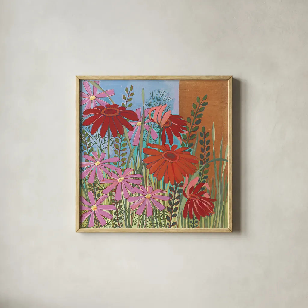 Summer Flowers III by Kathrine Lovell. Shown in a natural wood glass frame for a timeless modern aesthetic. Available as an archival giclee rolled canvas, fine art paper, or poster print. SKU 43449a.