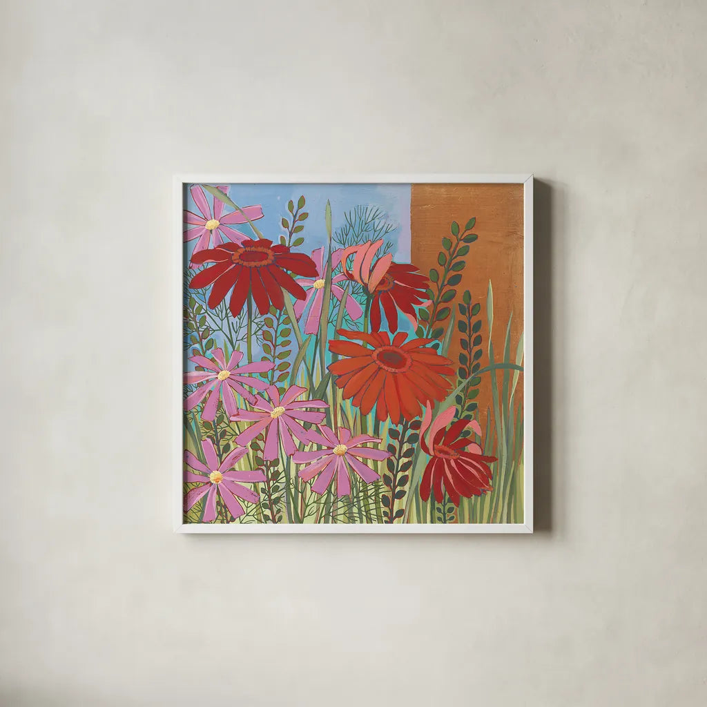 Summer Flowers III by Kathrine Lovell. Shown in a crisp white glass frame for a clean and minimalist style. Available as an archival giclee rolled canvas, fine art paper, or poster print. SKU 43449a.