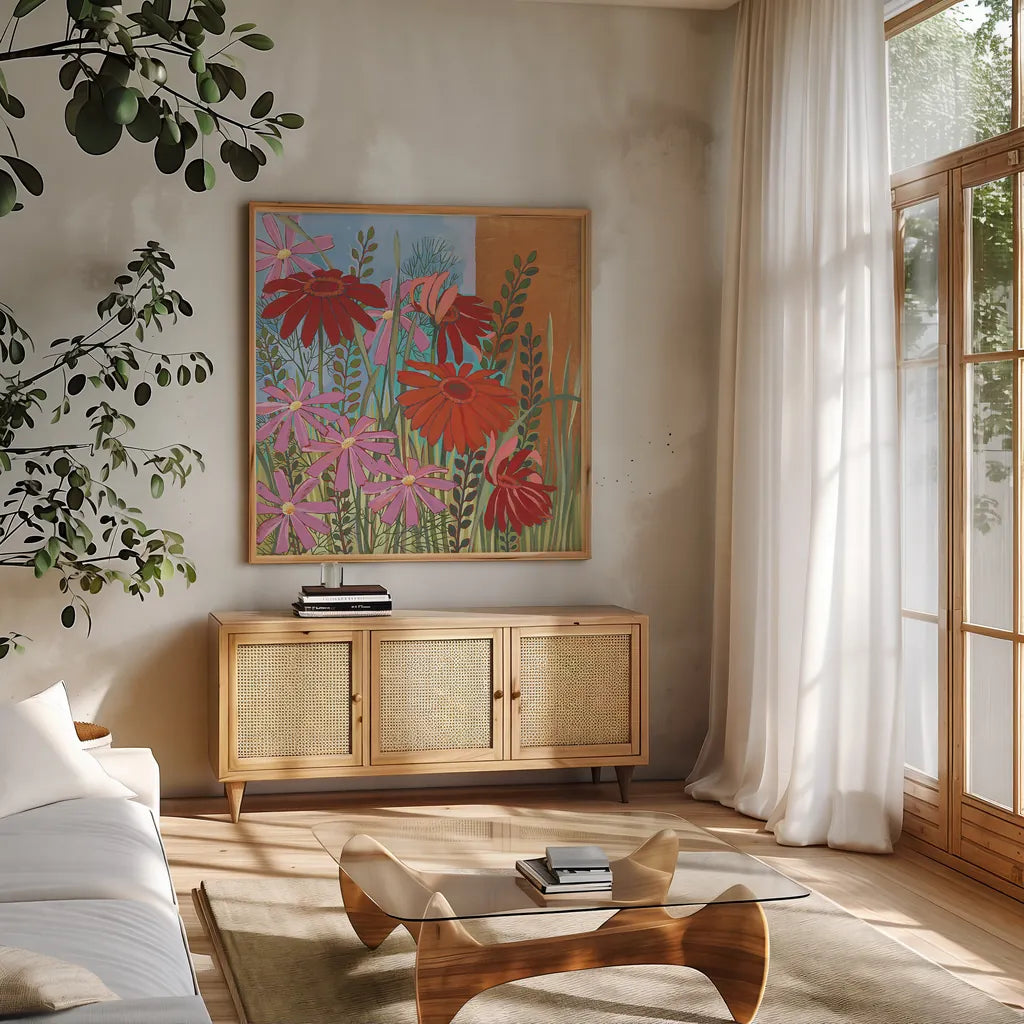 Summer Flowers III by Kathrine Lovell. Shown in a natural wood frame in a cozy modern living room. Available as an archival giclee rolled canvas, fine art paper, or poster print. SKU 43449a.