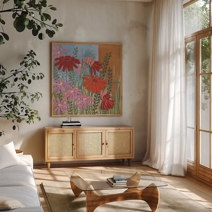 Summer Flowers III by Kathrine Lovell. Shown in a natural wood frame in a cozy modern living room. Available as an archival giclee rolled canvas, fine art paper, or poster print. SKU 43449a.