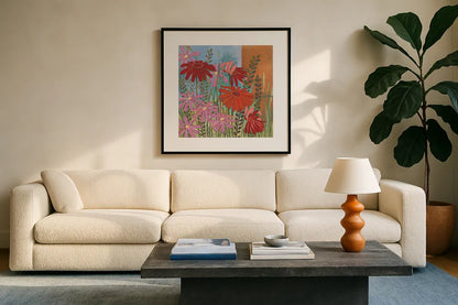 Summer Flowers III by Kathrine Lovell. Displayed in a glass frame with matte in a clean modern living room. Available as an archival giclee rolled canvas, fine art paper, or poster print. SKU 43449a.