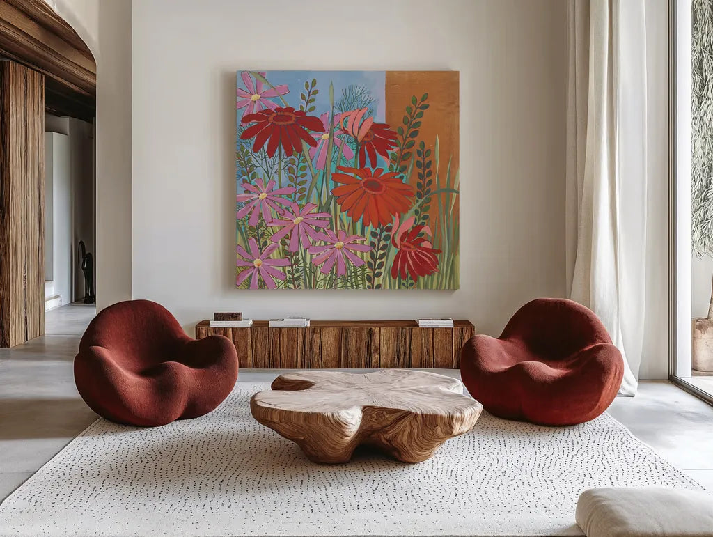 Summer Flowers III by Kathrine Lovell. Shown as extra-large giant wall art in a modern living room. Available as an archival giclee rolled canvas, fine art paper, or poster print. SKU 43449a.
