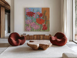 Summer Flowers III by Kathrine Lovell. Shown as extra-large giant wall art in a modern living room. Available as an archival giclee rolled canvas, fine art paper, or poster print. SKU 43449a.