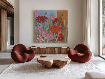 Summer Flowers III by Kathrine Lovell. Shown as extra-large giant wall art in a modern living room. Available as an archival giclee rolled canvas, fine art paper, or poster print. SKU 43449a.
