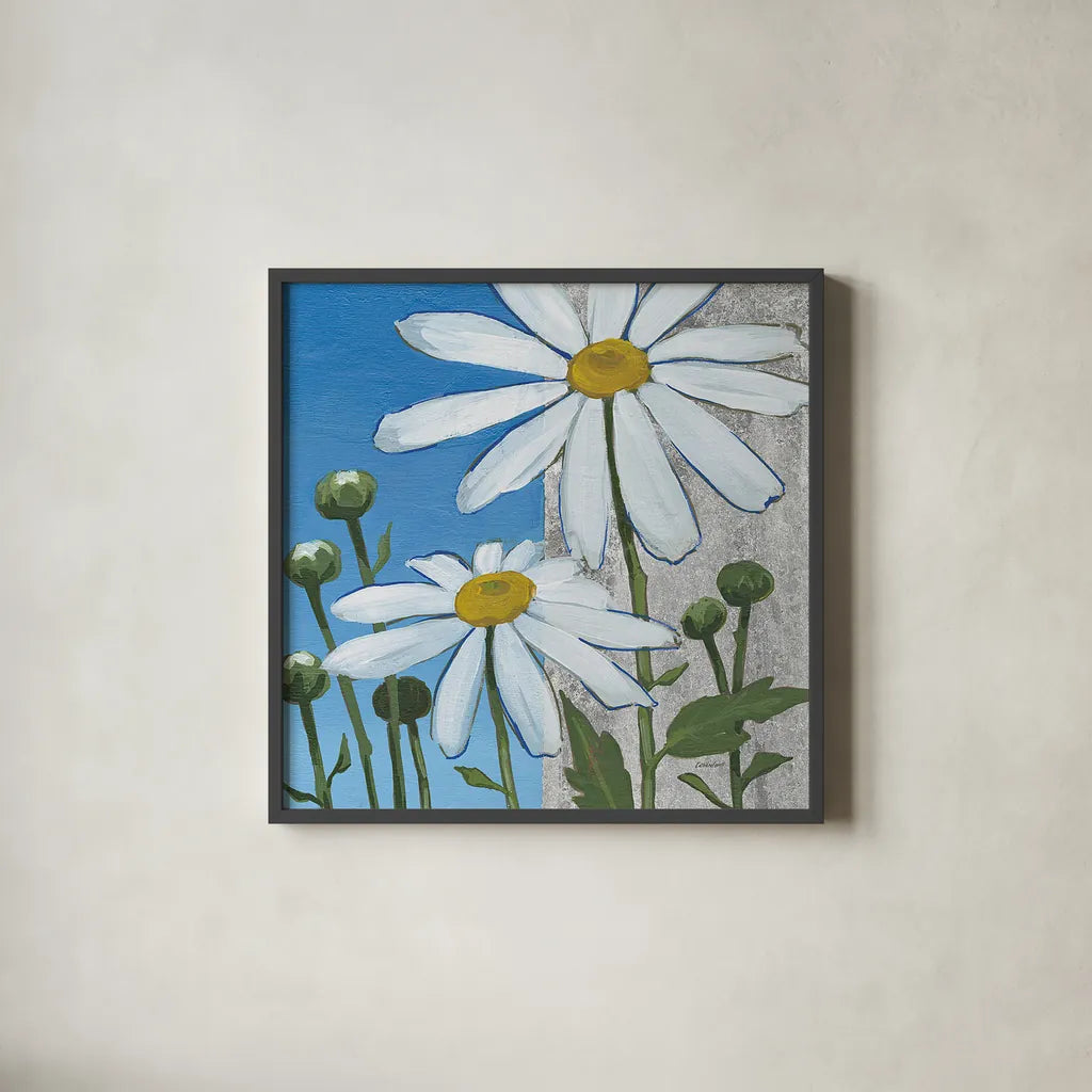Summer Garden I Silver by Kathrine Lovell. Shown in a sleek black glass frame for a contemporary gallery look. Available as an archival giclee rolled canvas, fine art paper, or poster print. SKU 24566a.