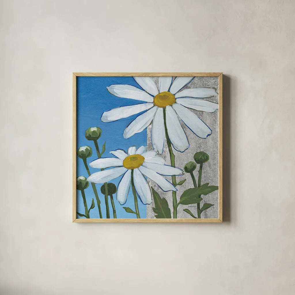 Summer Garden I Silver by Kathrine Lovell. Shown in a natural wood glass frame for a timeless modern aesthetic. Available as an archival giclee rolled canvas, fine art paper, or poster print. SKU 24566a.