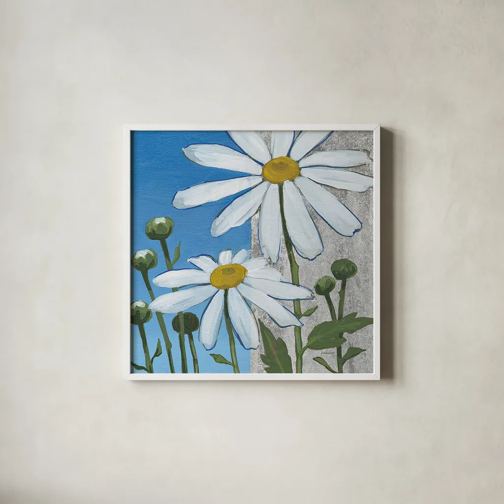Summer Garden I Silver by Kathrine Lovell. Shown in a crisp white glass frame for a clean and minimalist style. Available as an archival giclee rolled canvas, fine art paper, or poster print. SKU 24566a.