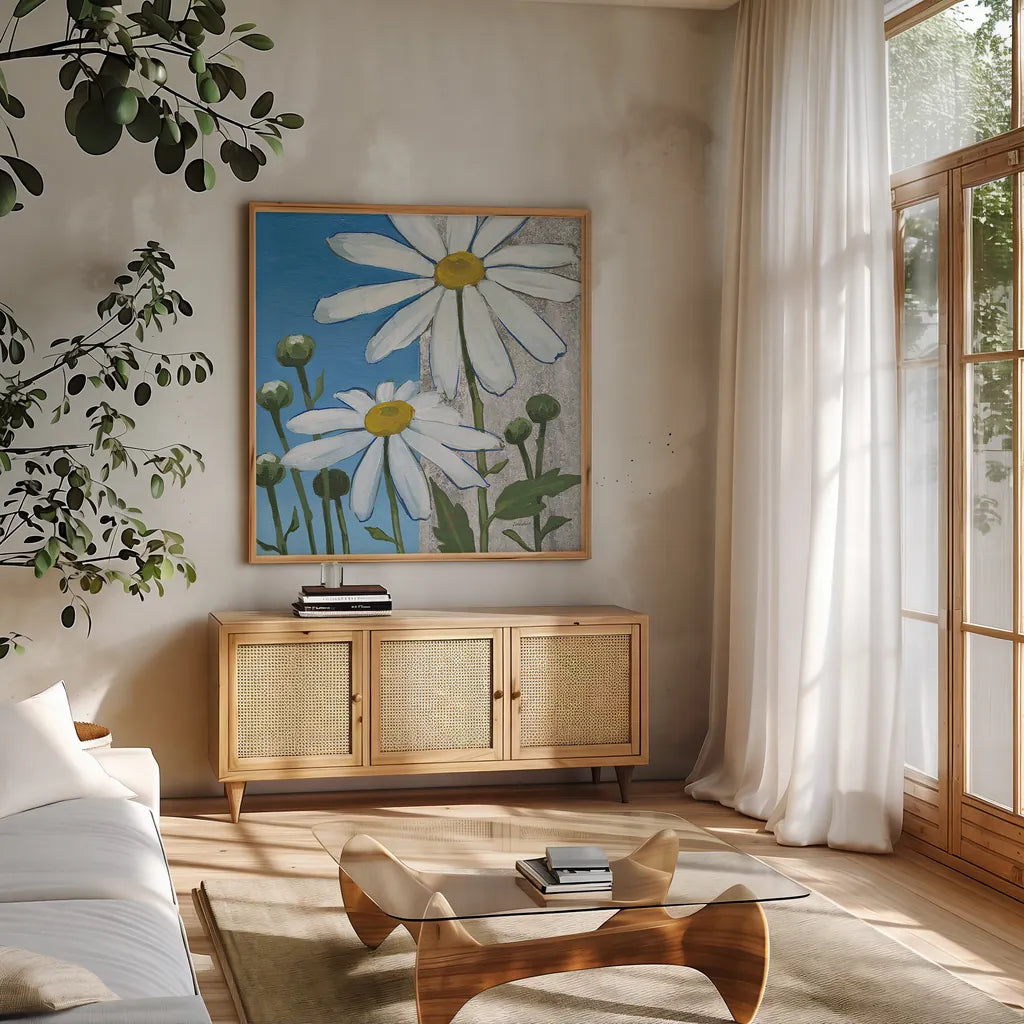 Summer Garden I Silver by Kathrine Lovell. Shown in a natural wood frame in a cozy modern living room. Available as an archival giclee rolled canvas, fine art paper, or poster print. SKU 24566a.