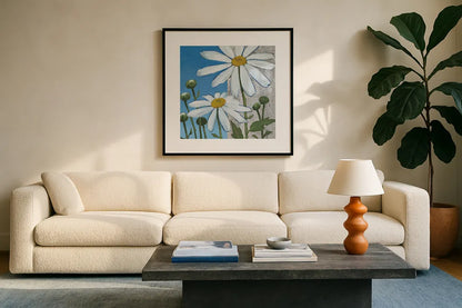 Summer Garden I Silver by Kathrine Lovell. Displayed in a glass frame with matte in a clean modern living room. Available as an archival giclee rolled canvas, fine art paper, or poster print. SKU 24566a.