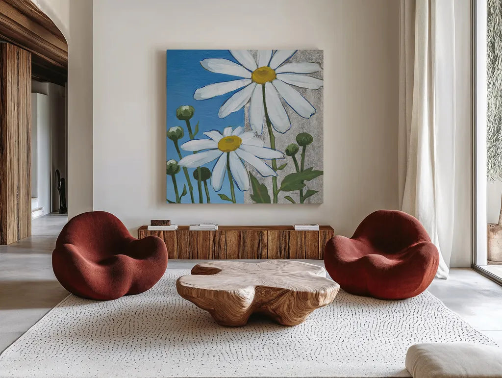 Summer Garden I Silver by Kathrine Lovell. Shown as extra-large giant wall art in a modern living room. Available as an archival giclee rolled canvas, fine art paper, or poster print. SKU 24566a.