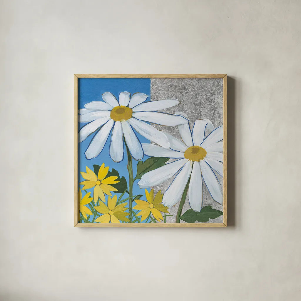Summer Garden II Silver by Kathrine Lovell. Shown in a natural wood glass frame for a timeless modern aesthetic. Available as an archival giclee rolled canvas, fine art paper, or poster print. SKU 24567a.