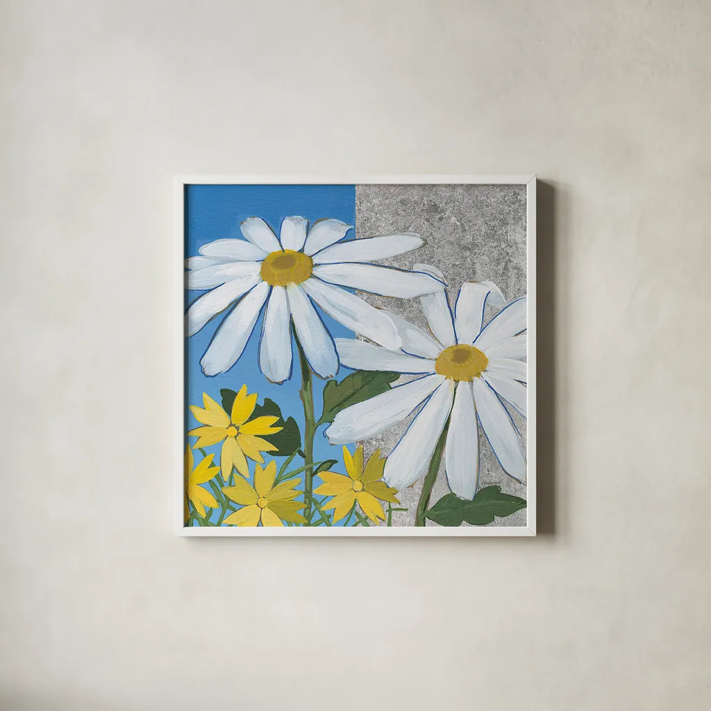 Summer Garden II Silver by Kathrine Lovell. Shown in a crisp white glass frame for a clean and minimalist style. Available as an archival giclee rolled canvas, fine art paper, or poster print. SKU 24567a.