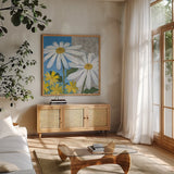 Summer Garden II Silver by Kathrine Lovell. Shown in a natural wood frame in a cozy modern living room. Available as an archival giclee rolled canvas, fine art paper, or poster print. SKU 24567a.