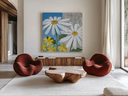 Summer Garden II Silver by Kathrine Lovell. Shown as extra-large giant wall art in a modern living room. Available as an archival giclee rolled canvas, fine art paper, or poster print. SKU 24567a.