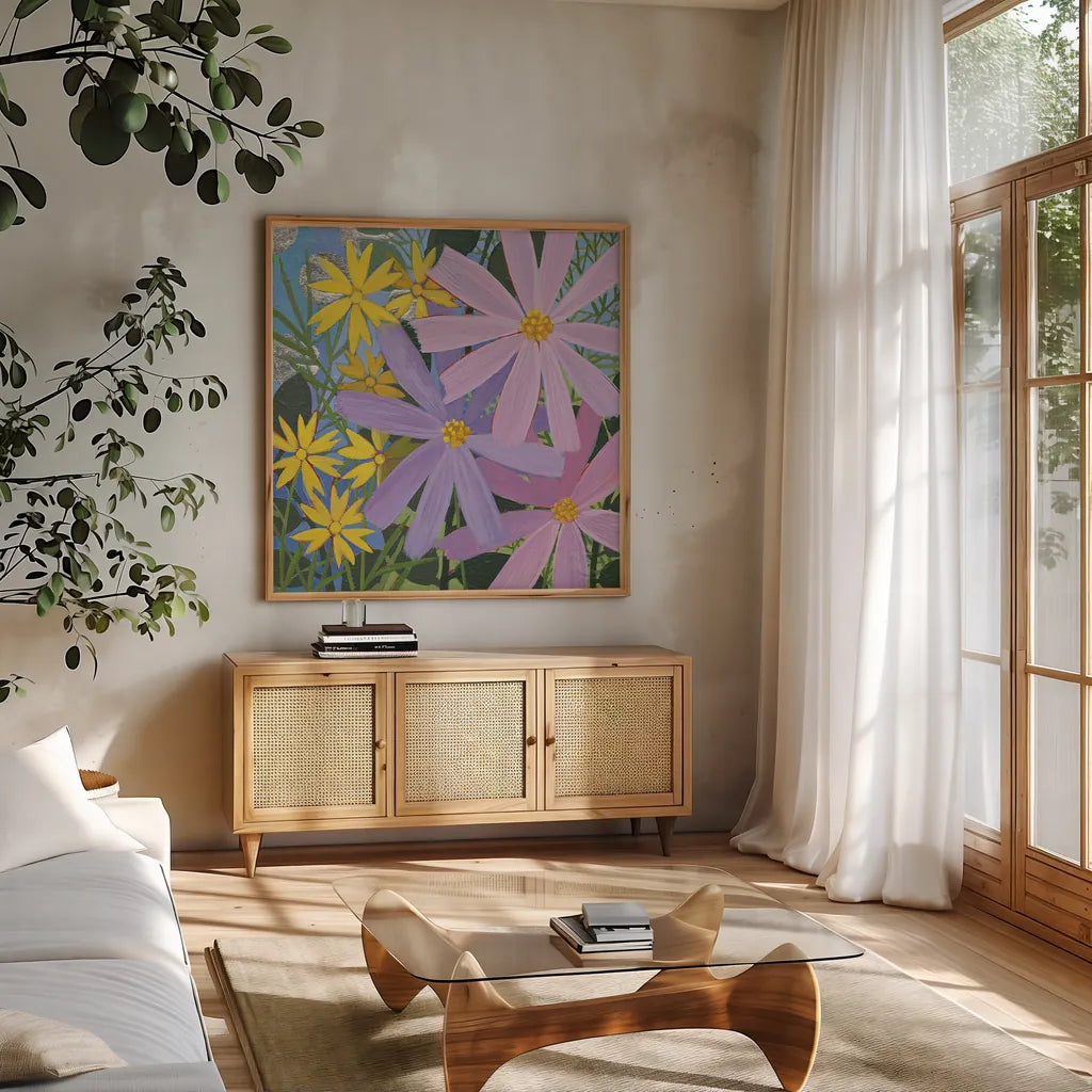 Summer Garden III by Kathrine Lovell. Shown in a natural wood frame in a cozy modern living room. Available as an archival giclee rolled canvas, fine art paper, or poster print. SKU 24403a.