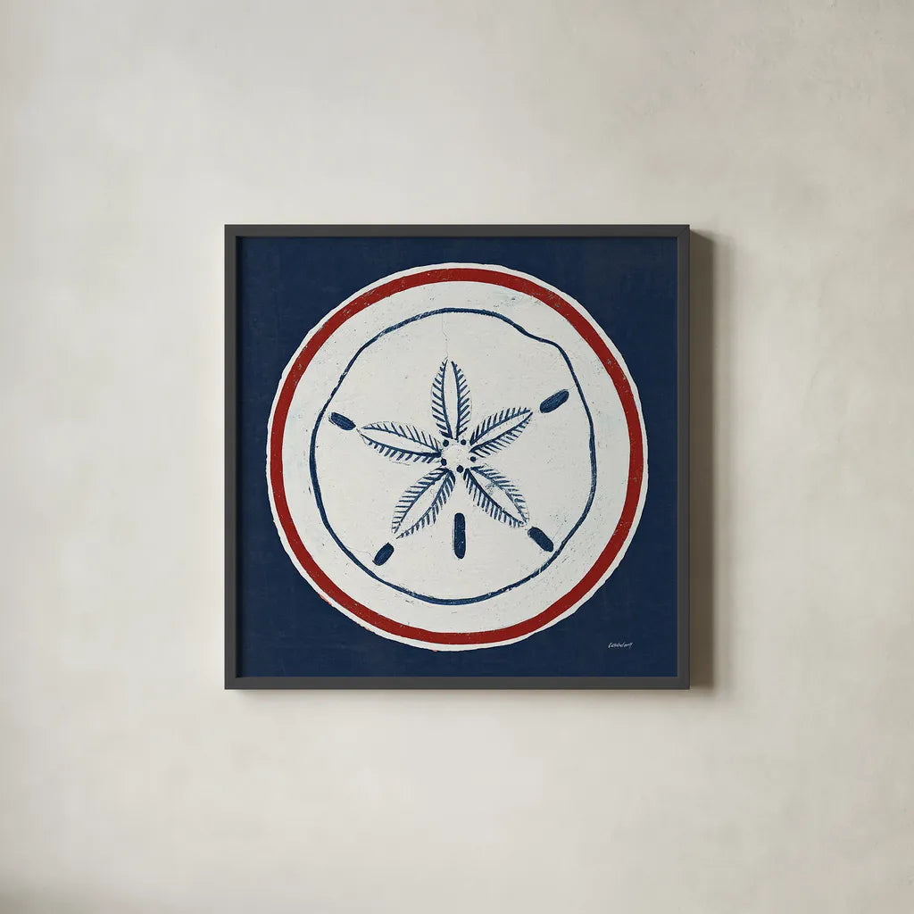 Summer Shells I Nautical by Kathrine Lovell. Shown in a sleek black glass frame for a contemporary gallery look. Available as an archival giclee rolled canvas, fine art paper, or poster print. SKU 24695a.