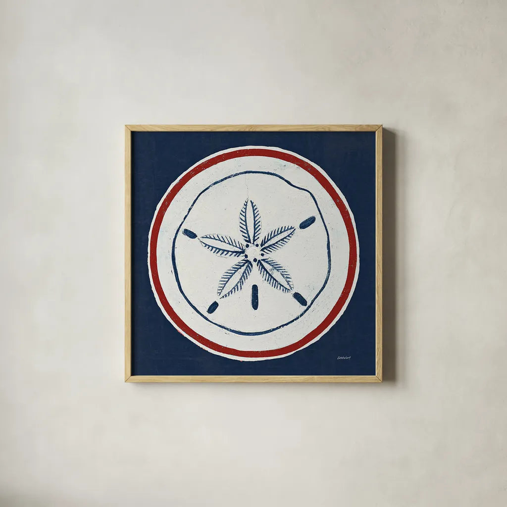 Summer Shells I Nautical by Kathrine Lovell. Shown in a natural wood glass frame for a timeless modern aesthetic. Available as an archival giclee rolled canvas, fine art paper, or poster print. SKU 24695a.