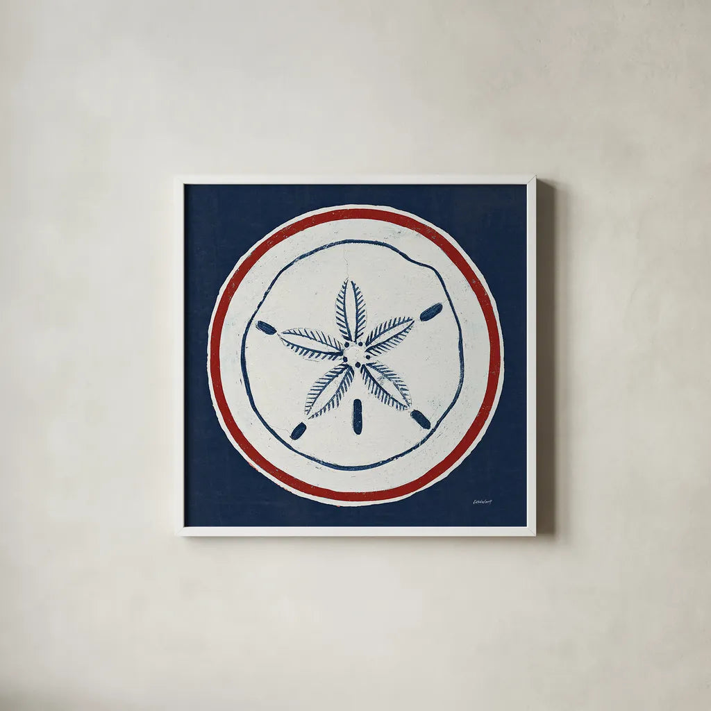 Summer Shells I Nautical by Kathrine Lovell. Shown in a crisp white glass frame for a clean and minimalist style. Available as an archival giclee rolled canvas, fine art paper, or poster print. SKU 24695a.