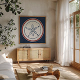 Summer Shells I Nautical by Kathrine Lovell. Shown in a natural wood frame in a cozy modern living room. Available as an archival giclee rolled canvas, fine art paper, or poster print. SKU 24695a.