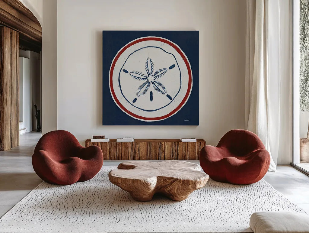 Summer Shells I Nautical by Kathrine Lovell. Shown as extra-large giant wall art in a modern living room. Available as an archival giclee rolled canvas, fine art paper, or poster print. SKU 24695a.