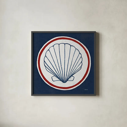 Summer Shells II Nautical by Kathrine Lovell. Shown in a sleek black glass frame for a contemporary gallery look. Available as an archival giclee rolled canvas, fine art paper, or poster print. SKU 24696a.
