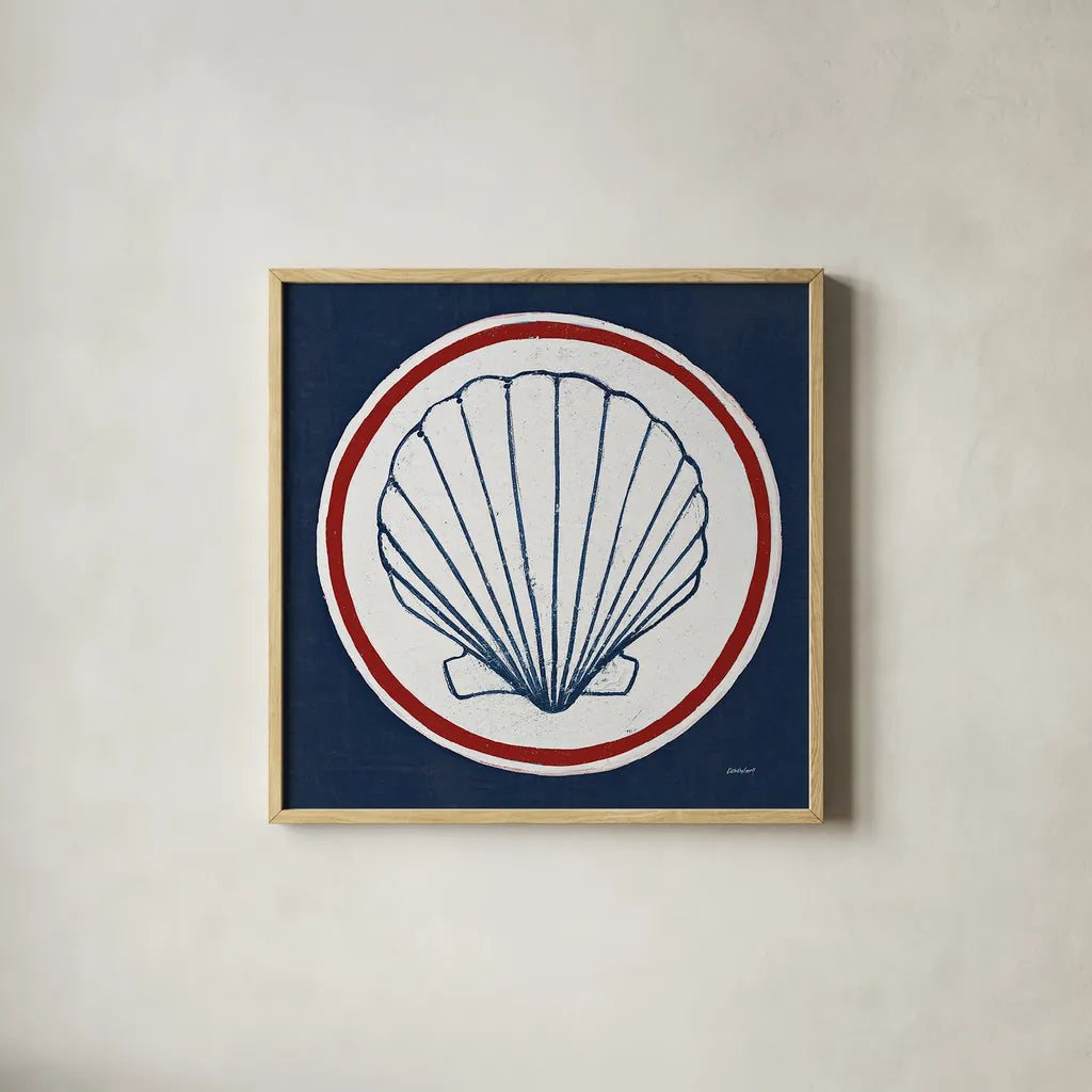 Summer Shells II Nautical by Kathrine Lovell. Shown in a natural wood glass frame for a timeless modern aesthetic. Available as an archival giclee rolled canvas, fine art paper, or poster print. SKU 24696a.