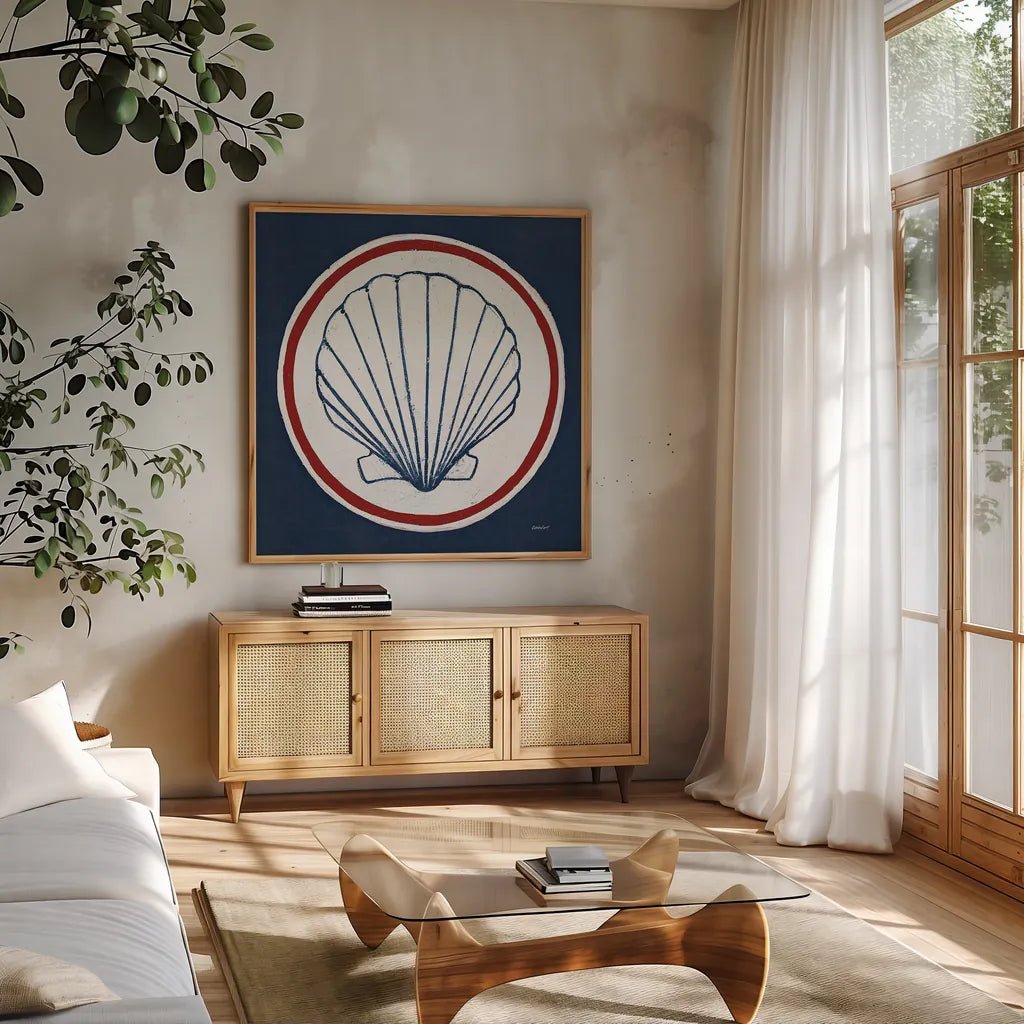 Summer Shells II Nautical by Kathrine Lovell. Shown in a natural wood frame in a cozy modern living room. Available as an archival giclee rolled canvas, fine art paper, or poster print. SKU 24696a.