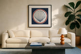 Summer Shells II Nautical by Kathrine Lovell. Displayed in a glass frame with matte in a clean modern living room. Available as an archival giclee rolled canvas, fine art paper, or poster print. SKU 24696a.