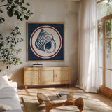 Summer Shells III Nautical by Kathrine Lovell. Shown in a natural wood frame in a cozy modern living room. Available as an archival giclee rolled canvas, fine art paper, or poster print. SKU 24697a.
