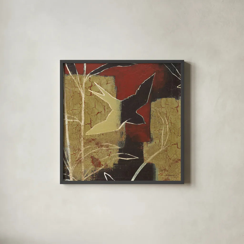 Sun Stems Tile I by Kathrine Lovell. Shown in a sleek black glass frame for a contemporary gallery look. Available as an archival giclee rolled canvas, fine art paper, or poster print. SKU 43525a.