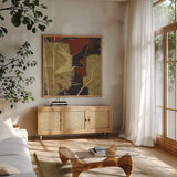 Sun Stems Tile I by Kathrine Lovell. Shown in a natural wood frame in a cozy modern living room. Available as an archival giclee rolled canvas, fine art paper, or poster print. SKU 43525a.