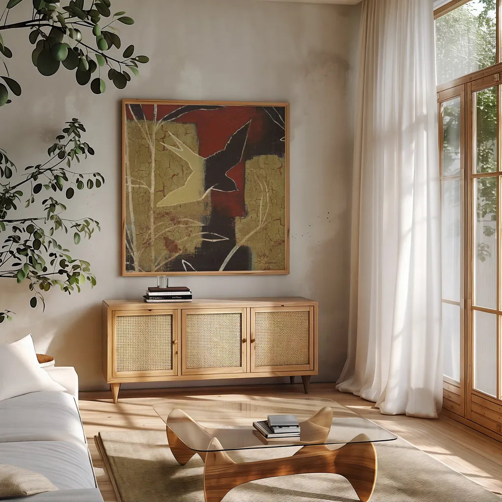 Sun Stems Tile I by Kathrine Lovell. Shown in a natural wood frame in a cozy modern living room. Available as an archival giclee rolled canvas, fine art paper, or poster print. SKU 43525a.