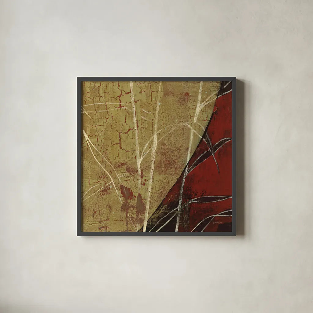 Sun Stems Tile II by Kathrine Lovell. Shown in a sleek black glass frame for a contemporary gallery look. Available as an archival giclee rolled canvas, fine art paper, or poster print. SKU 43526a.