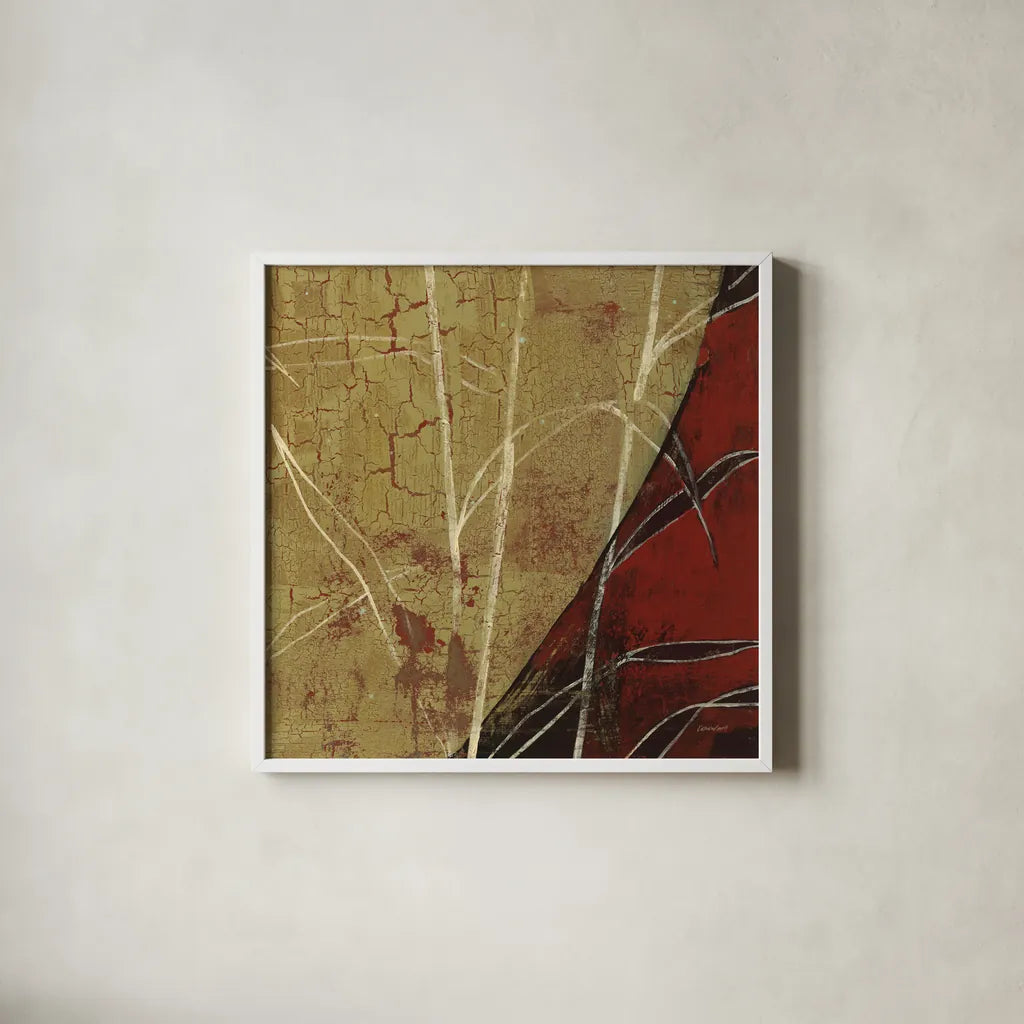 Sun Stems Tile II by Kathrine Lovell. Shown in a crisp white glass frame for a clean and minimalist style. Available as an archival giclee rolled canvas, fine art paper, or poster print. SKU 43526a.