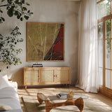 Sun Stems Tile II by Kathrine Lovell. Shown in a natural wood frame in a cozy modern living room. Available as an archival giclee rolled canvas, fine art paper, or poster print. SKU 43526a.