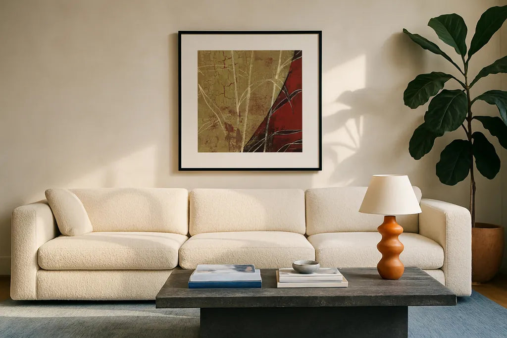 Sun Stems Tile II by Kathrine Lovell. Displayed in a glass frame with matte in a clean modern living room. Available as an archival giclee rolled canvas, fine art paper, or poster print. SKU 43526a.