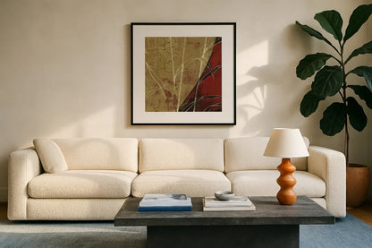 Sun Stems Tile II by Kathrine Lovell. Displayed in a glass frame with matte in a clean modern living room. Available as an archival giclee rolled canvas, fine art paper, or poster print. SKU 43526a.