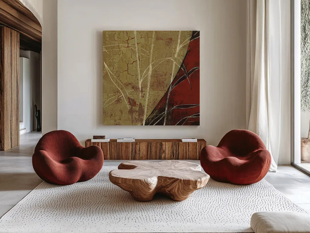 Sun Stems Tile II by Kathrine Lovell. Shown as extra-large giant wall art in a modern living room. Available as an archival giclee rolled canvas, fine art paper, or poster print. SKU 43526a.