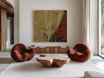 Sun Stems Tile II by Kathrine Lovell. Shown as extra-large giant wall art in a modern living room. Available as an archival giclee rolled canvas, fine art paper, or poster print. SKU 43526a.