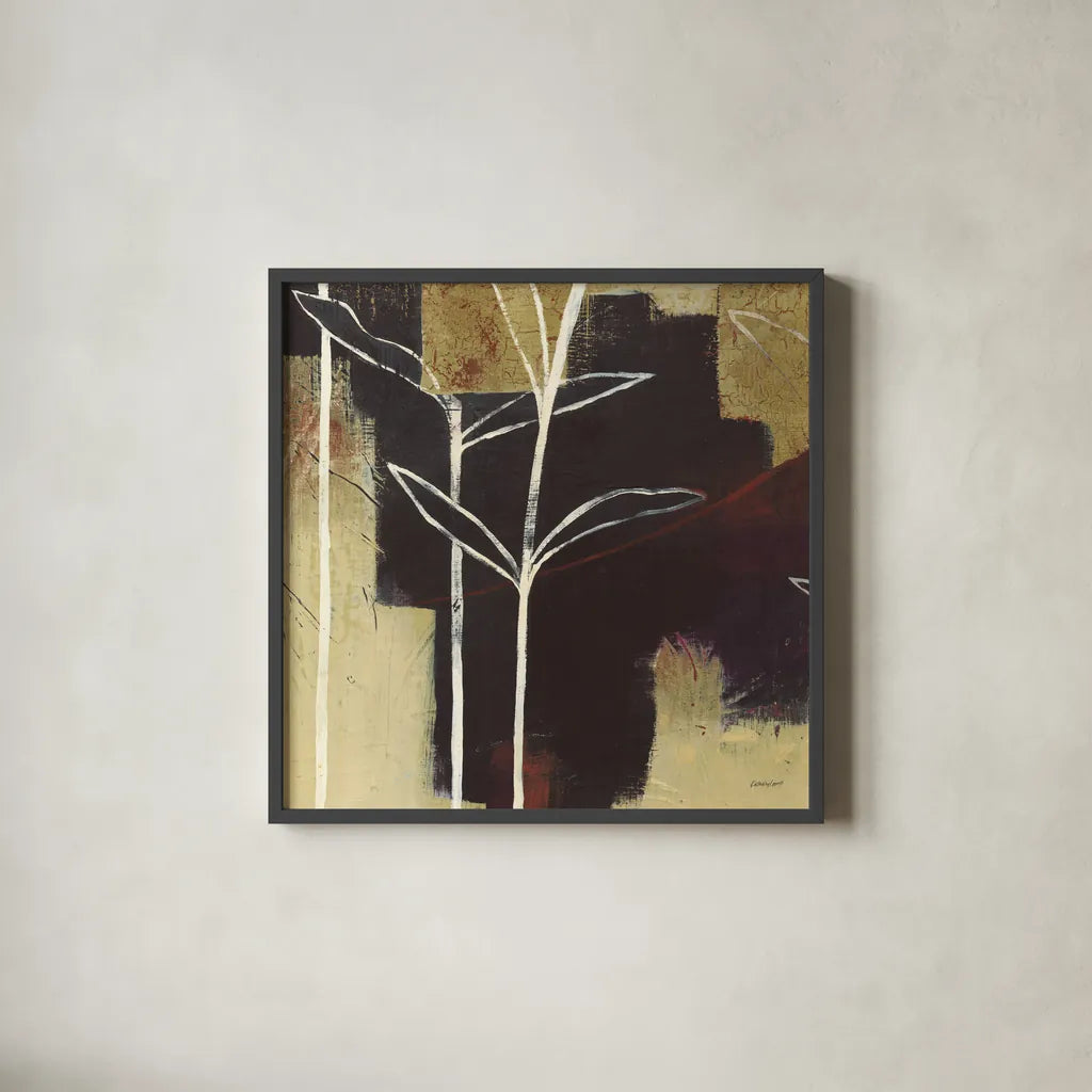 Sun Stems Tile III by Kathrine Lovell. Shown in a sleek black glass frame for a contemporary gallery look. Available as an archival giclee rolled canvas, fine art paper, or poster print. SKU 43527a.
