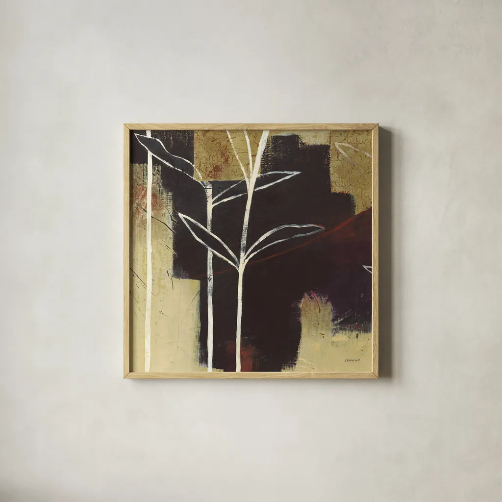 Sun Stems Tile III by Kathrine Lovell. Shown in a natural wood glass frame for a timeless modern aesthetic. Available as an archival giclee rolled canvas, fine art paper, or poster print. SKU 43527a.