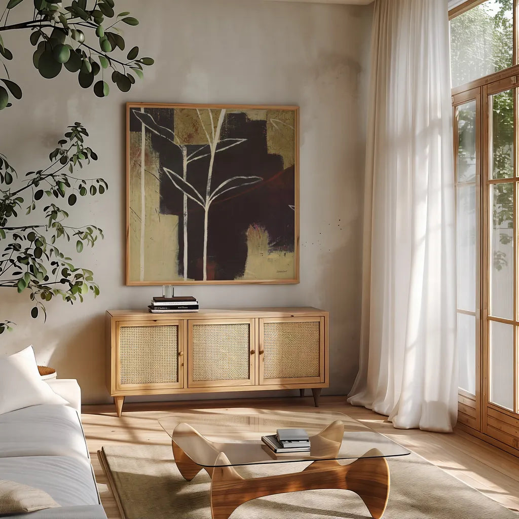 Sun Stems Tile III by Kathrine Lovell. Shown in a natural wood frame in a cozy modern living room. Available as an archival giclee rolled canvas, fine art paper, or poster print. SKU 43527a.