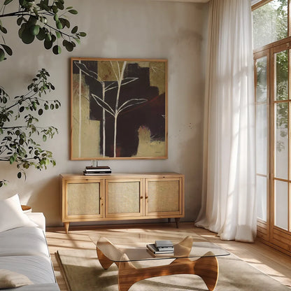 Sun Stems Tile III by Kathrine Lovell. Shown in a natural wood frame in a cozy modern living room. Available as an archival giclee rolled canvas, fine art paper, or poster print. SKU 43527a.