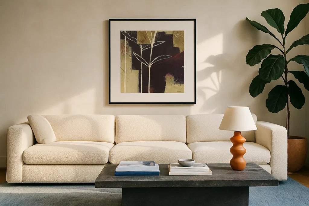 Sun Stems Tile III by Kathrine Lovell. Displayed in a glass frame with matte in a clean modern living room. Available as an archival giclee rolled canvas, fine art paper, or poster print. SKU 43527a.