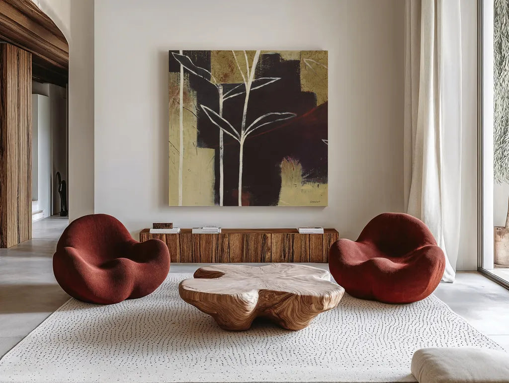 Sun Stems Tile III by Kathrine Lovell. Shown as extra-large giant wall art in a modern living room. Available as an archival giclee rolled canvas, fine art paper, or poster print. SKU 43527a.