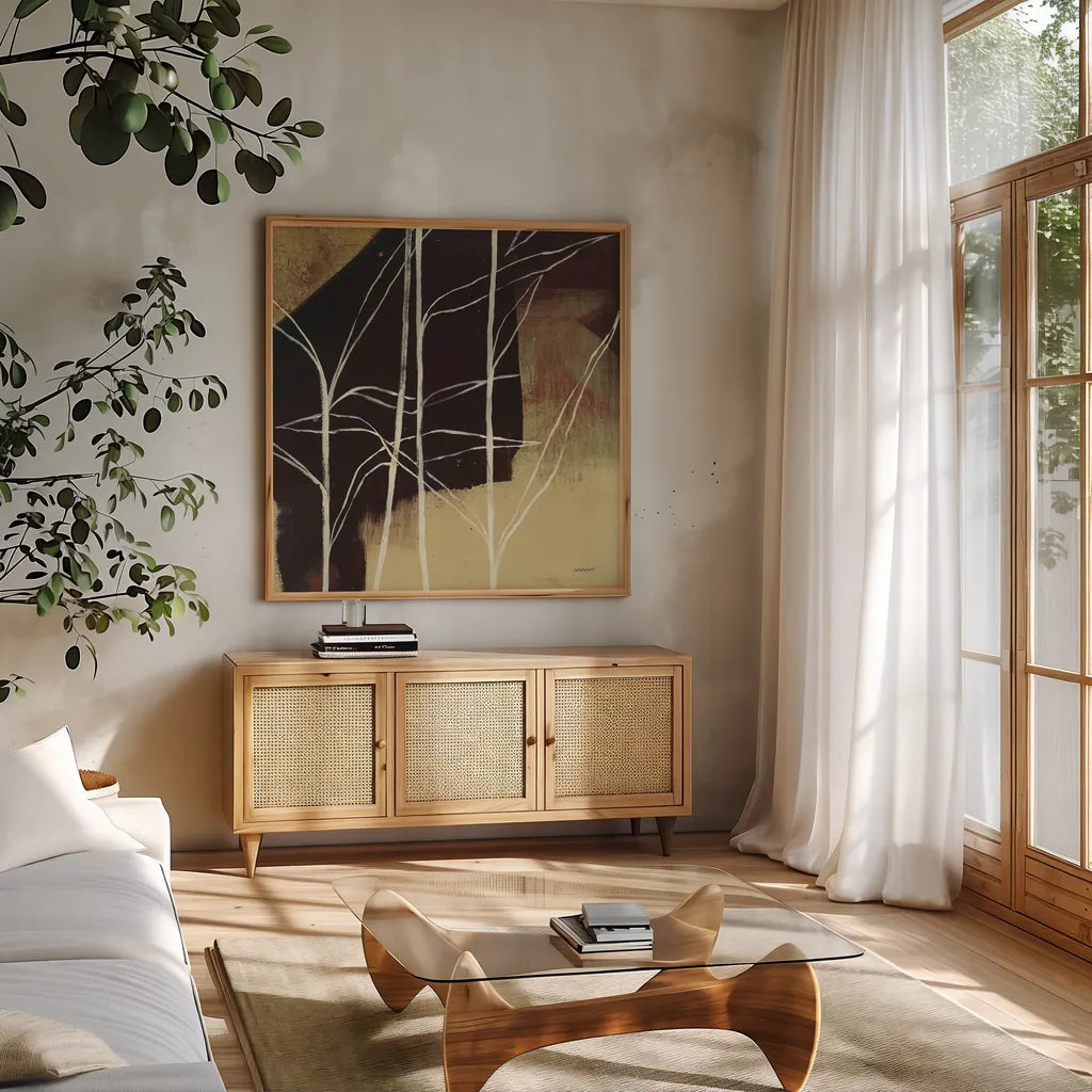 Sun Stems Tile IV by Kathrine Lovell. Shown in a natural wood frame in a cozy modern living room. Available as an archival giclee rolled canvas, fine art paper, or poster print. SKU 43528a.